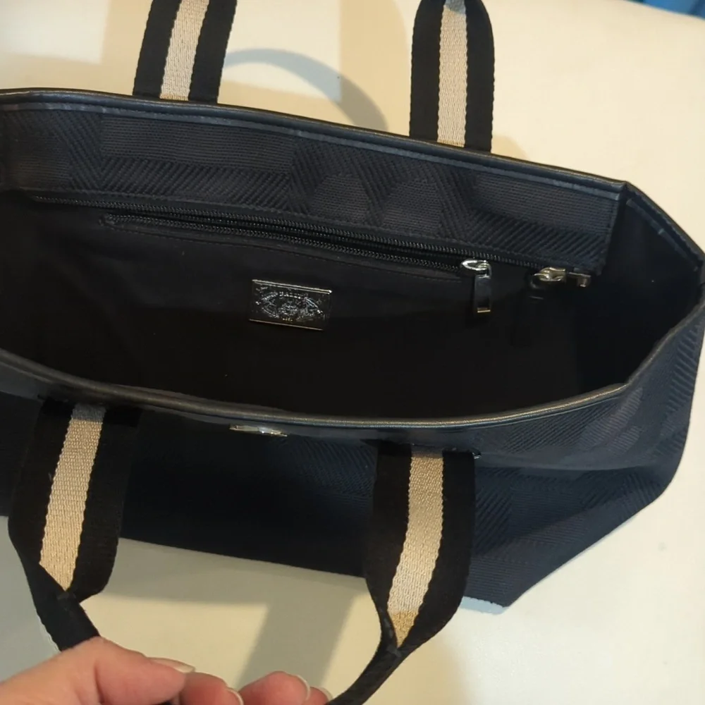 Black Bally canvas tote with black and white canvas handles